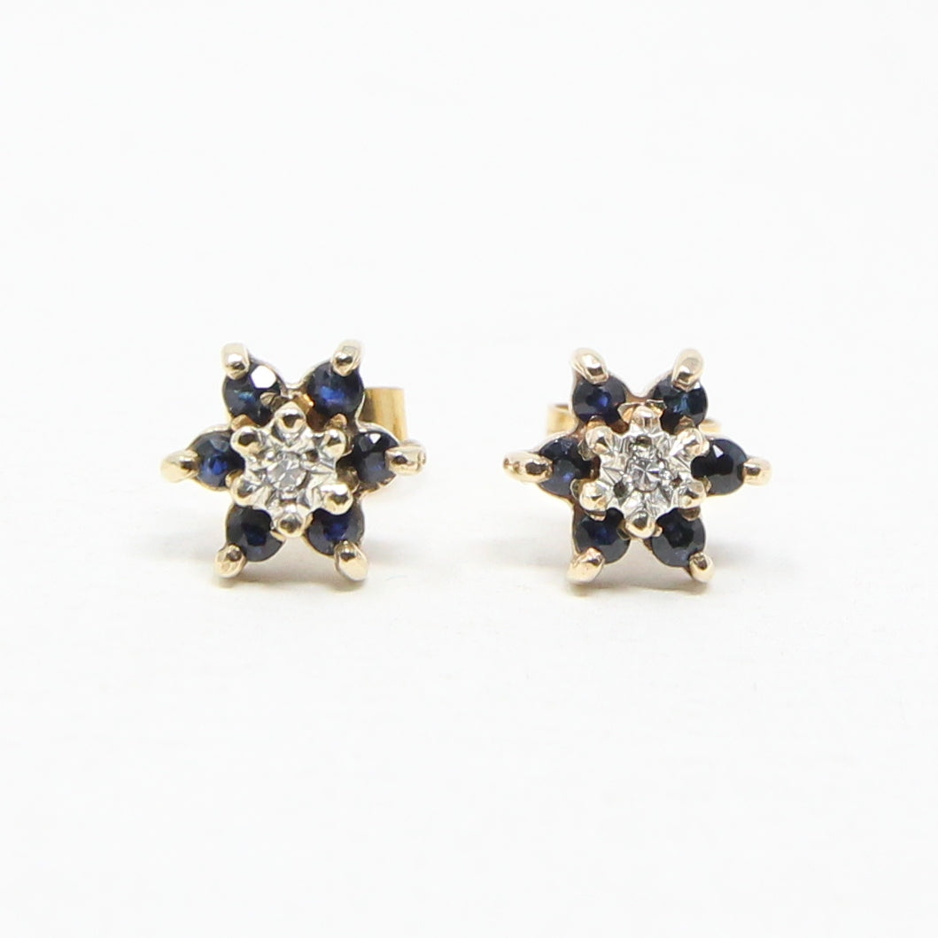 Vintage 1984 Hallmarked Solid 9ct 9k Gold Diamond Sapphire Star Stud Earrings