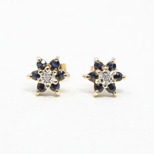 Vintage 1984 Hallmarked Solid 9ct 9k Gold Diamond Sapphire Star Stud Earrings
