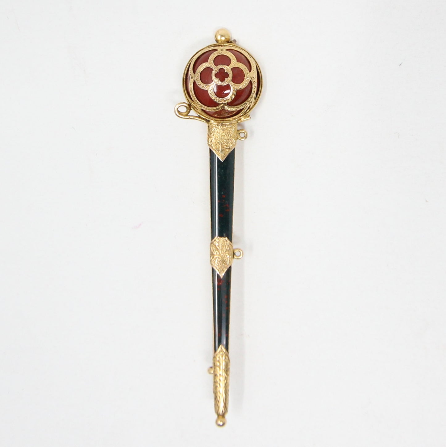 Antique Victorian Scottish Solid 18ct 18k Gold Bloodstone Agate Dirk Sword Brooch Kilt Pin