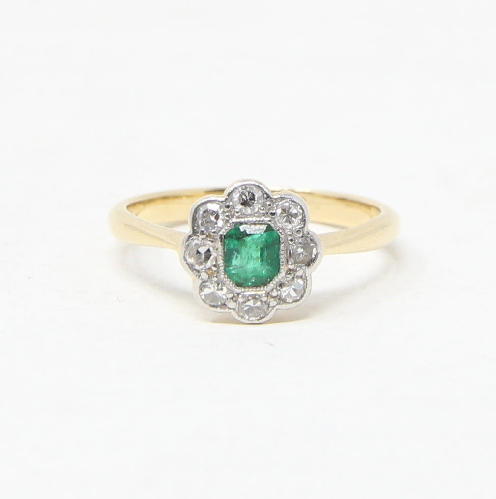 Antique Art Deco Hallmarked Solid 18ct 18k Gold Emerald Diamond Daisy Ring Size M