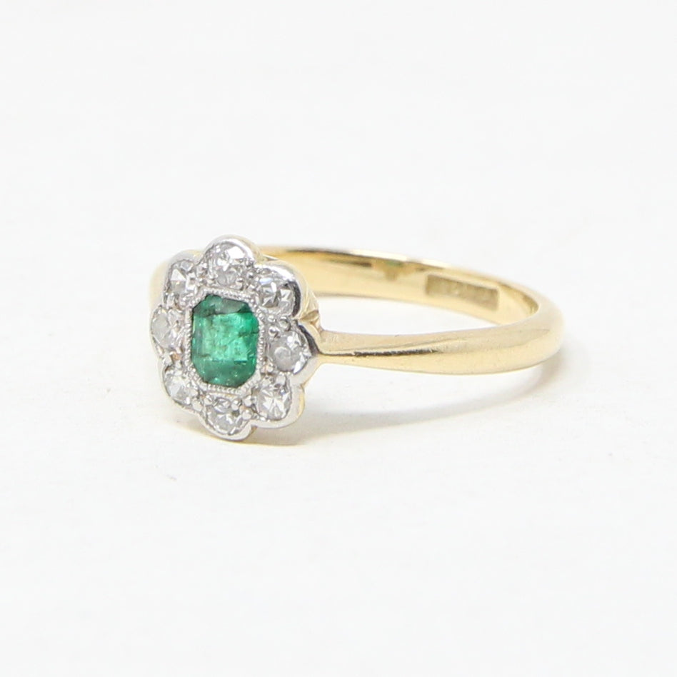 Antique Art Deco Hallmarked Solid 18ct 18k Gold Emerald Diamond Daisy Ring Size M