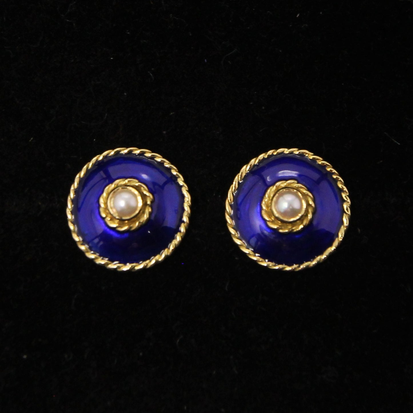 Vintage 1994 Hallmarked Solid 18ct 18k Gold Blue Enamel Pearl Stud Earrings