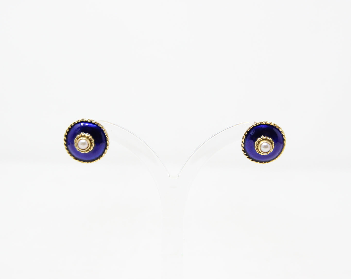 Vintage 1994 Hallmarked Solid 18ct 18k Gold Blue Enamel Pearl Stud Earrings