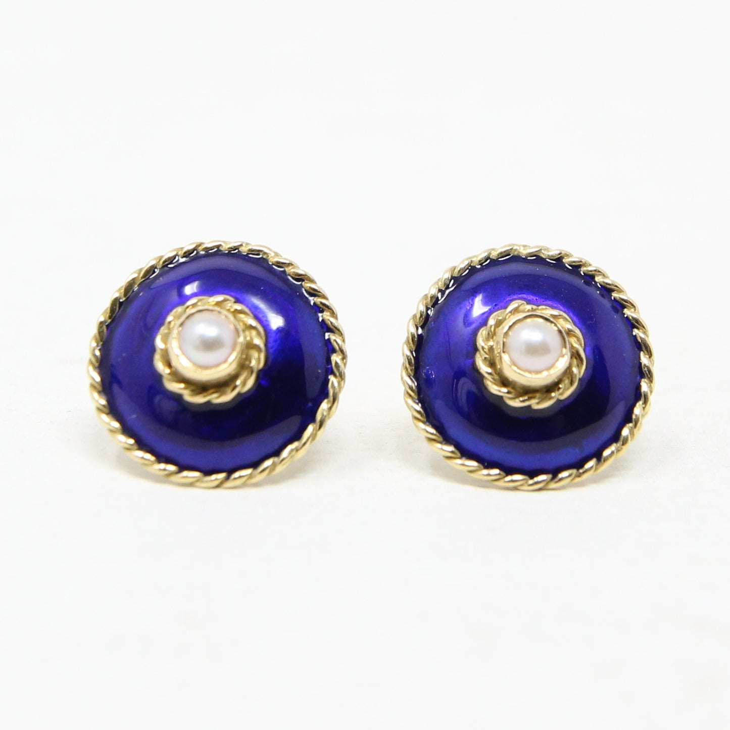 Vintage 1994 Hallmarked Solid 18ct 18k Gold Blue Enamel Pearl Stud Earrings