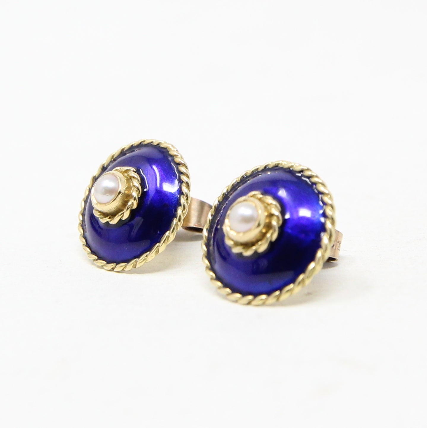 Vintage 1994 Hallmarked Solid 18ct 18k Gold Blue Enamel Pearl Stud Earrings