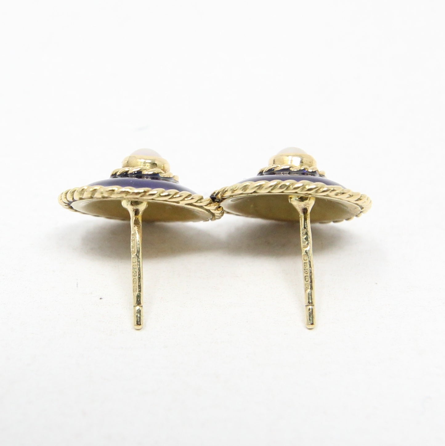 Vintage 1994 Hallmarked Solid 18ct 18k Gold Blue Enamel Pearl Stud Earrings