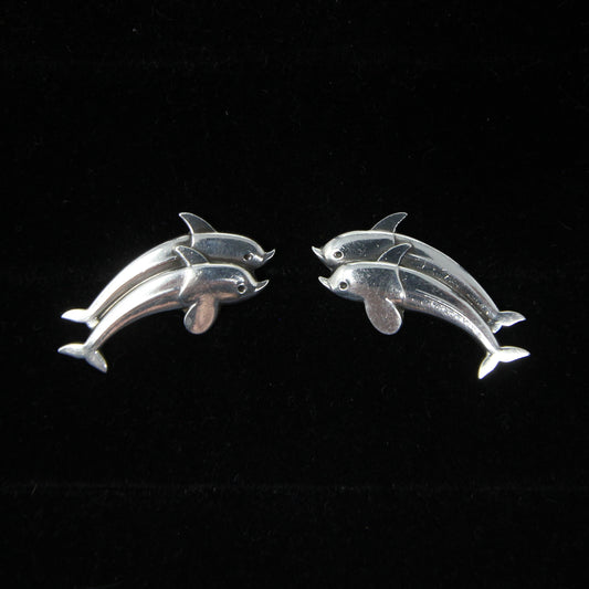 Vintage Mid Century Georg Jensen Denmark Solid Sterling Silver Dolphin Stud Earrings
