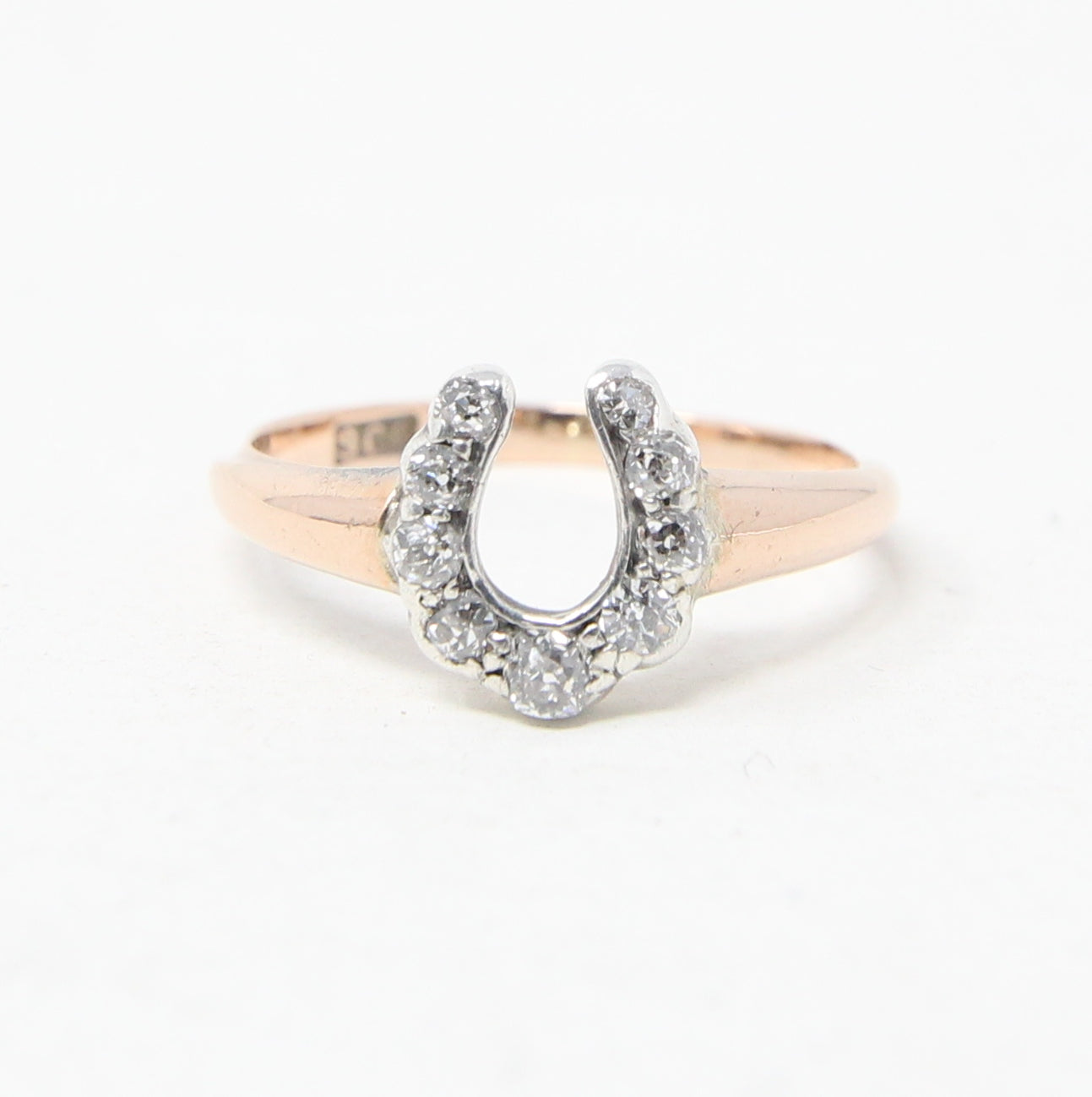 Antique Victorian Hallmarked Solid 9ct 9k Rose Gold Diamond Horse Shoe Ring Size L 1/2