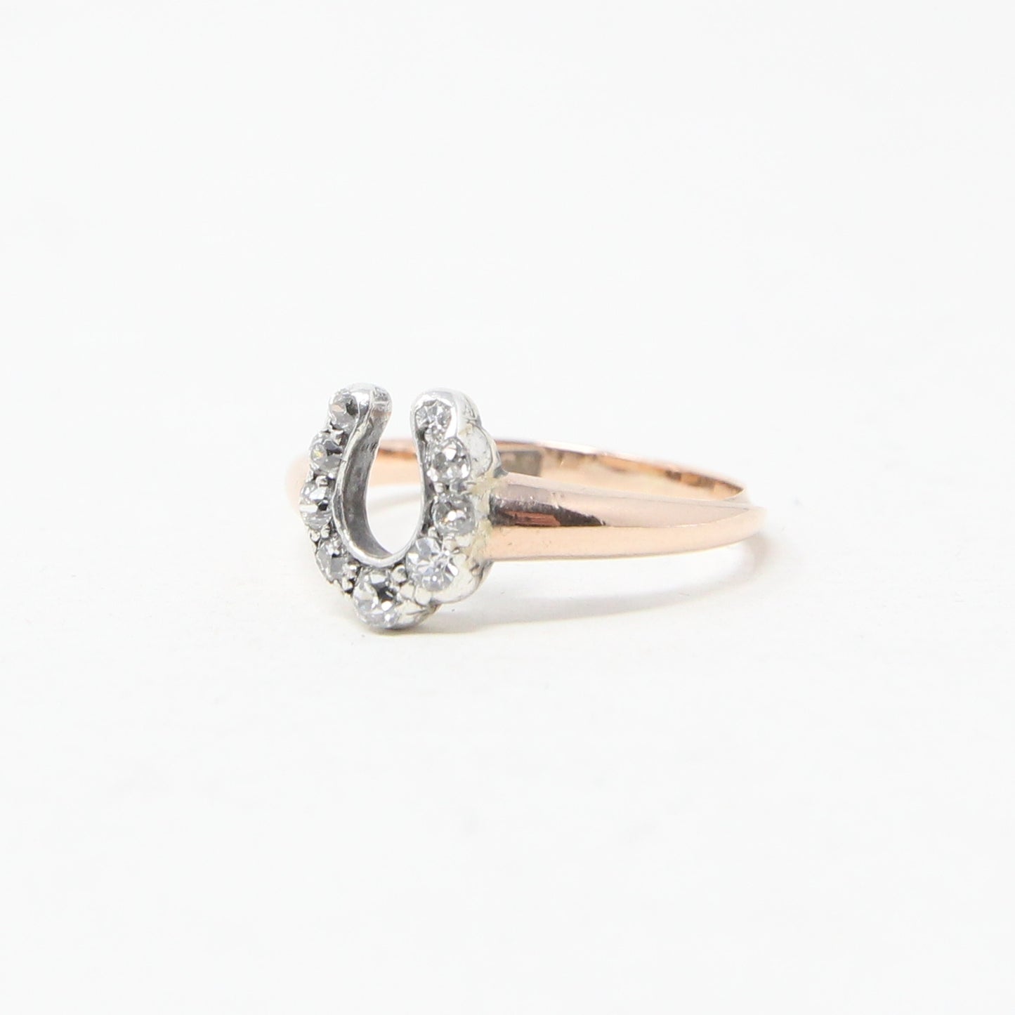 Antique Victorian Hallmarked Solid 9ct 9k Rose Gold Diamond Horse Shoe Ring Size L 1/2