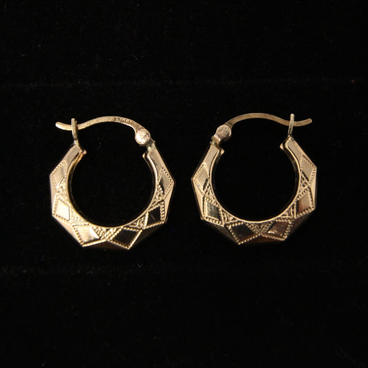Vintage Hallmarked Solid 9ct 9k Gold Octagon Patterned Hoop Earrings Hoops