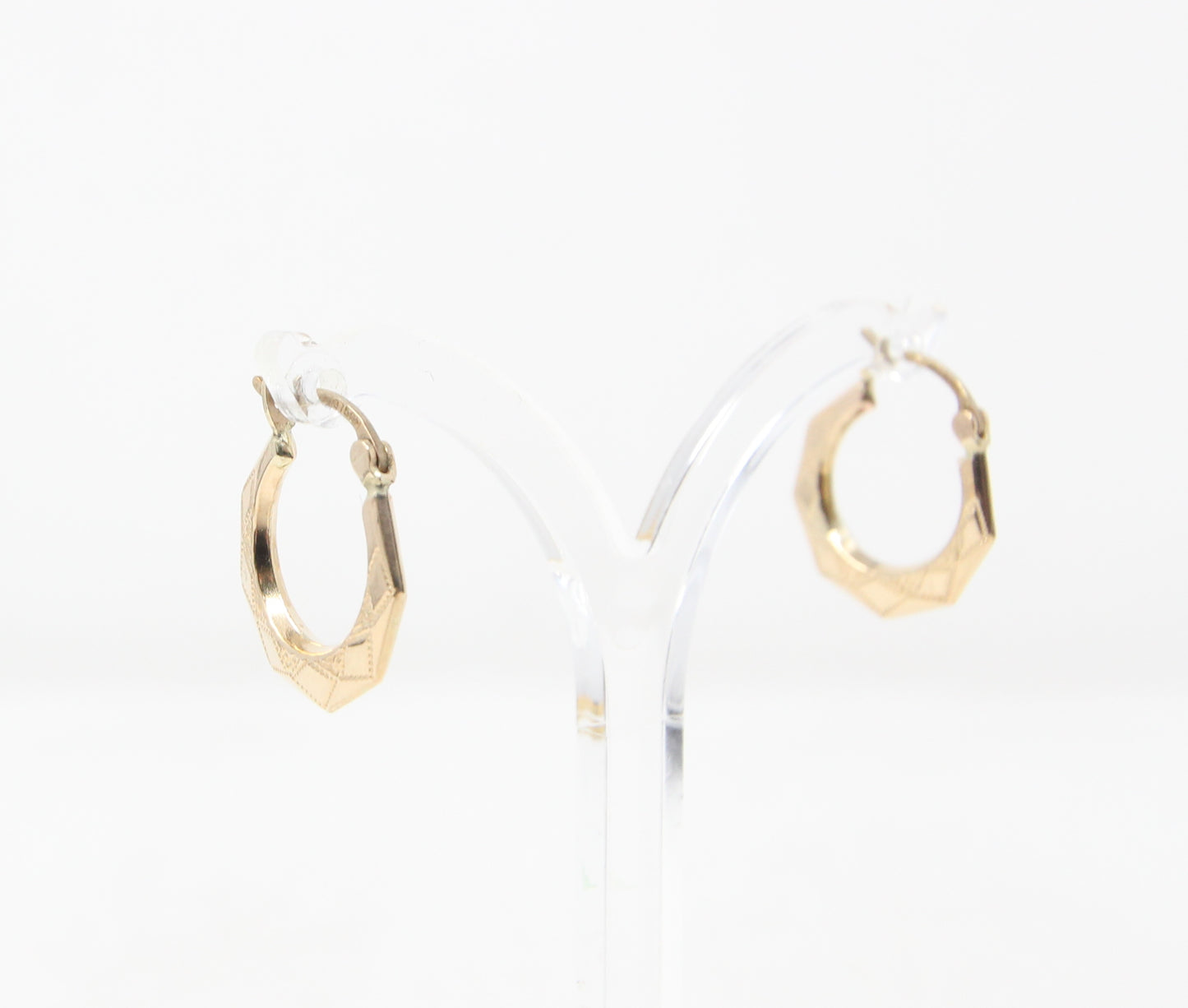 Vintage Hallmarked Solid 9ct 9k Gold Octagon Patterned Hoop Earrings Hoops