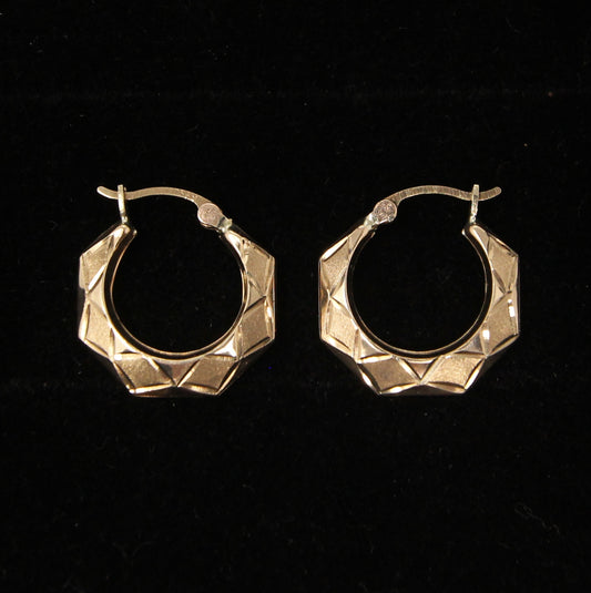 Vintage Hallmarked Solid 9ct 9k Gold Octagon Patterned Hoop Earrings Hoops