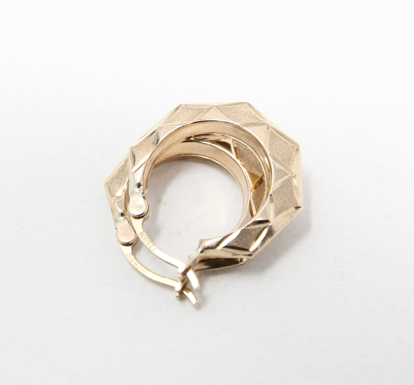 Vintage Hallmarked Solid 9ct 9k Gold Octagon Patterned Hoop Earrings Hoops