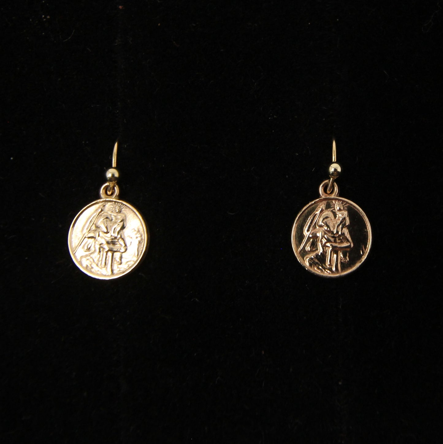 Vintage 1959 Hallmarked Solid 9ct 9k Gold St Christopher Coin Drop Hook Earrings