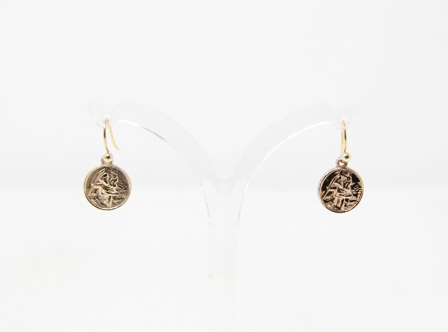 Vintage 1959 Hallmarked Solid 9ct 9k Gold St Christopher Coin Drop Hook Earrings