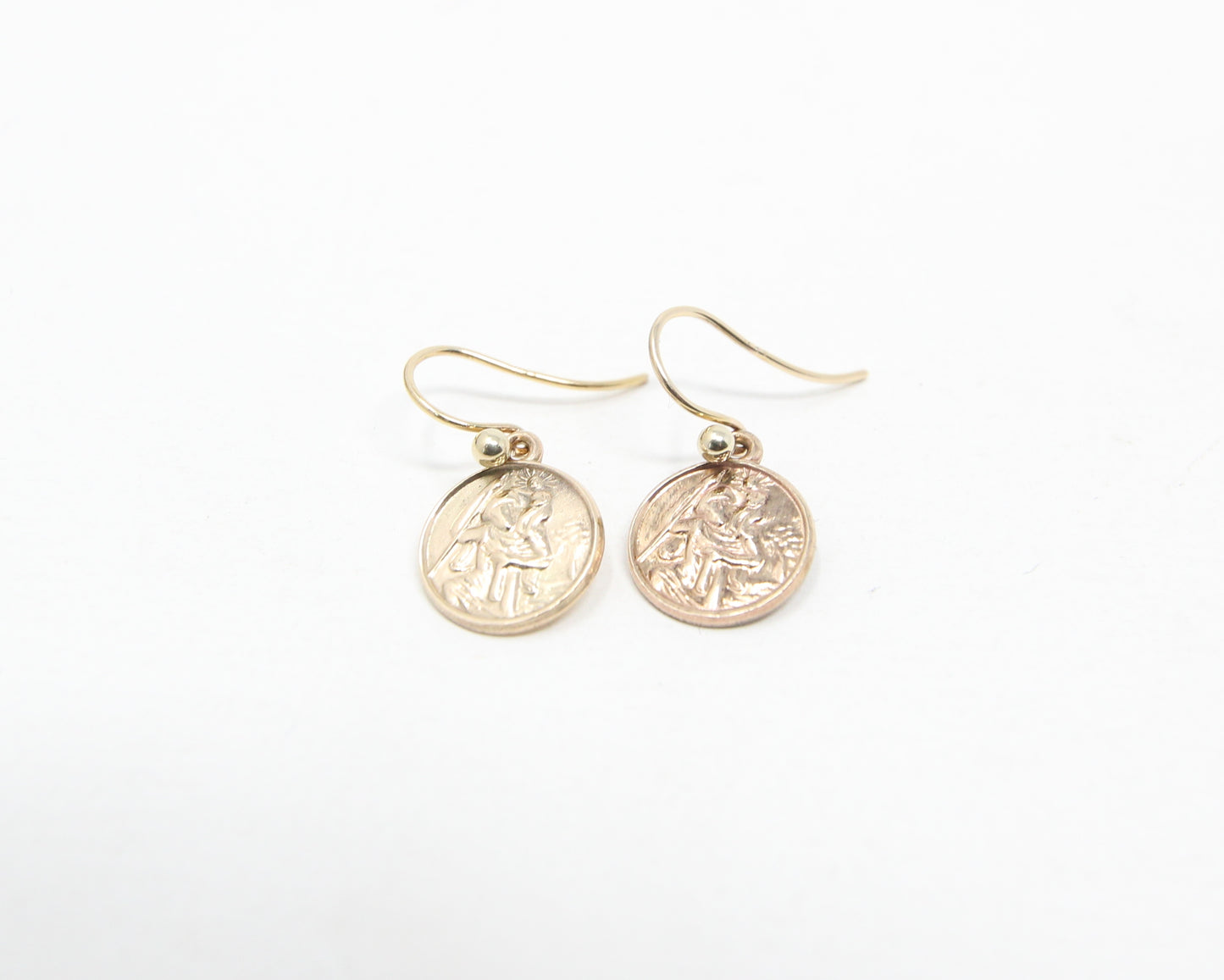 Vintage 1959 Hallmarked Solid 9ct 9k Gold St Christopher Coin Drop Hook Earrings