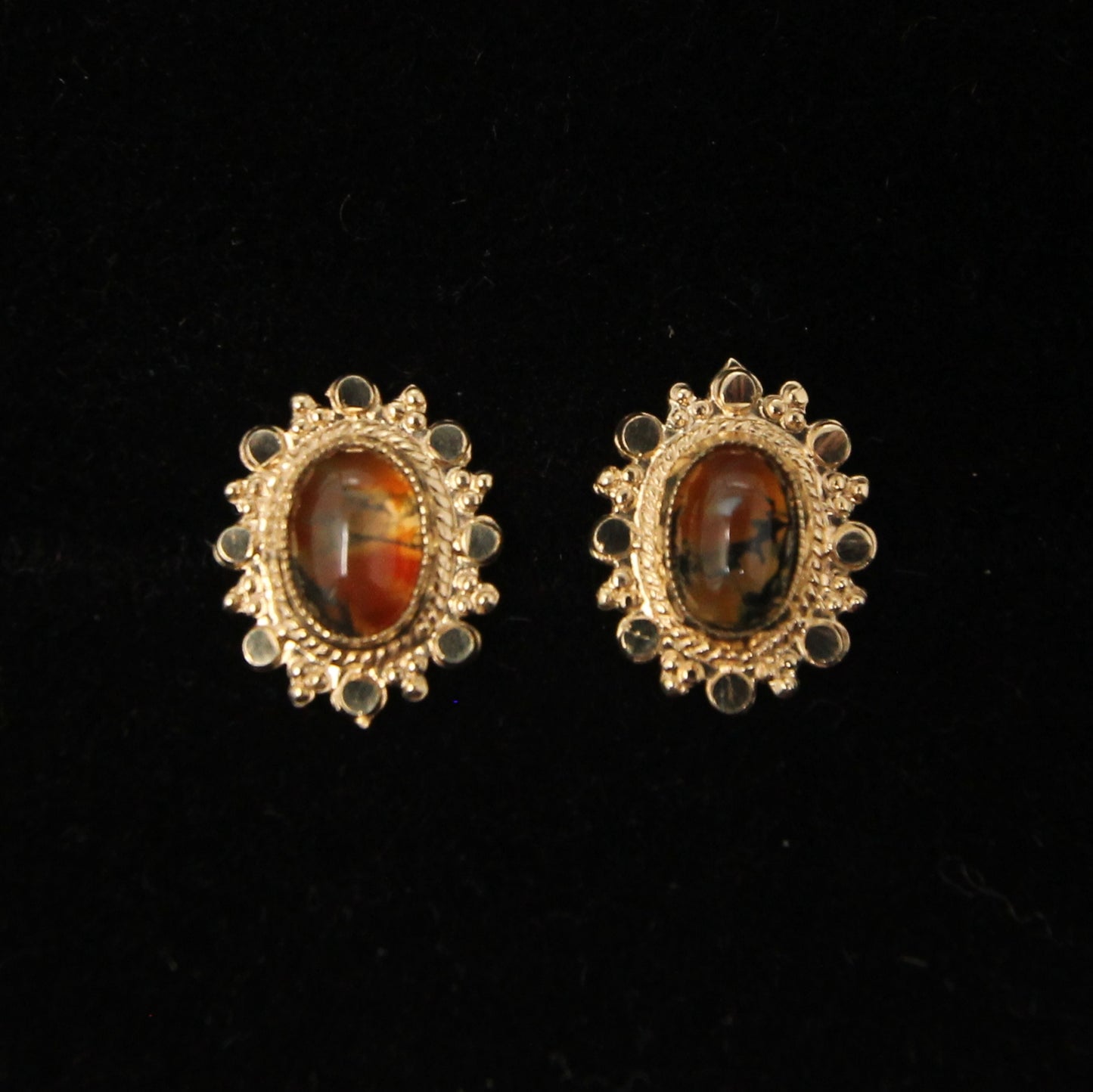 Vintage 1979 Hallmarked Solid 9ct 9k Gold Moss Agate Sun Burst Stud Earrings
