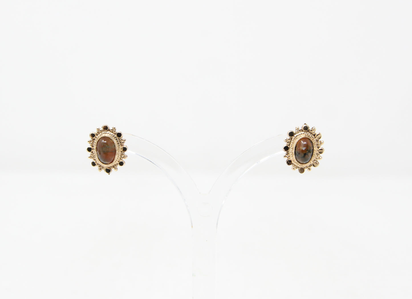 Vintage 1979 Hallmarked Solid 9ct 9k Gold Moss Agate Sun Burst Stud Earrings