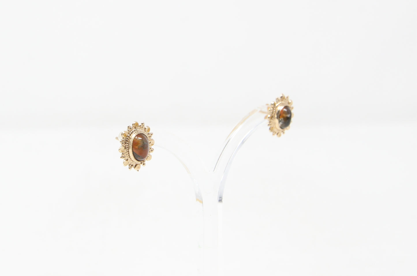 Vintage 1979 Hallmarked Solid 9ct 9k Gold Moss Agate Sun Burst Stud Earrings