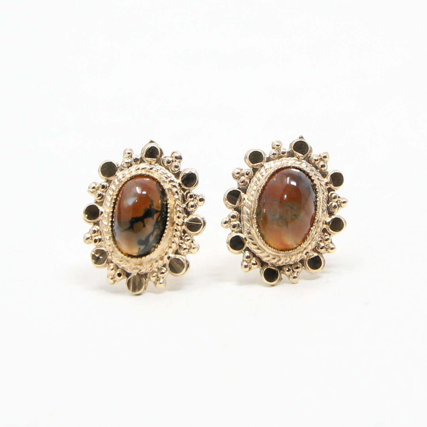 Vintage 1979 Hallmarked Solid 9ct 9k Gold Moss Agate Sun Burst Stud Earrings