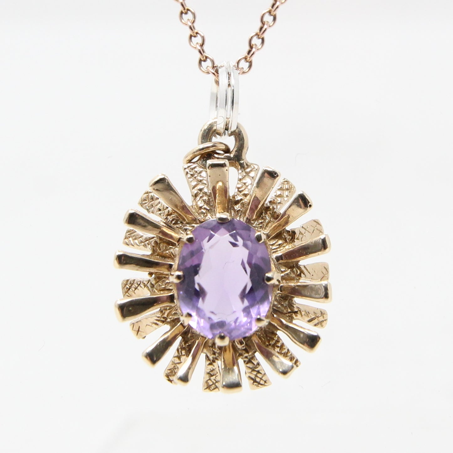 Vintage 1971 English Hallmarked Solid 9ct Gold Amethyst Sun Burst Pendant