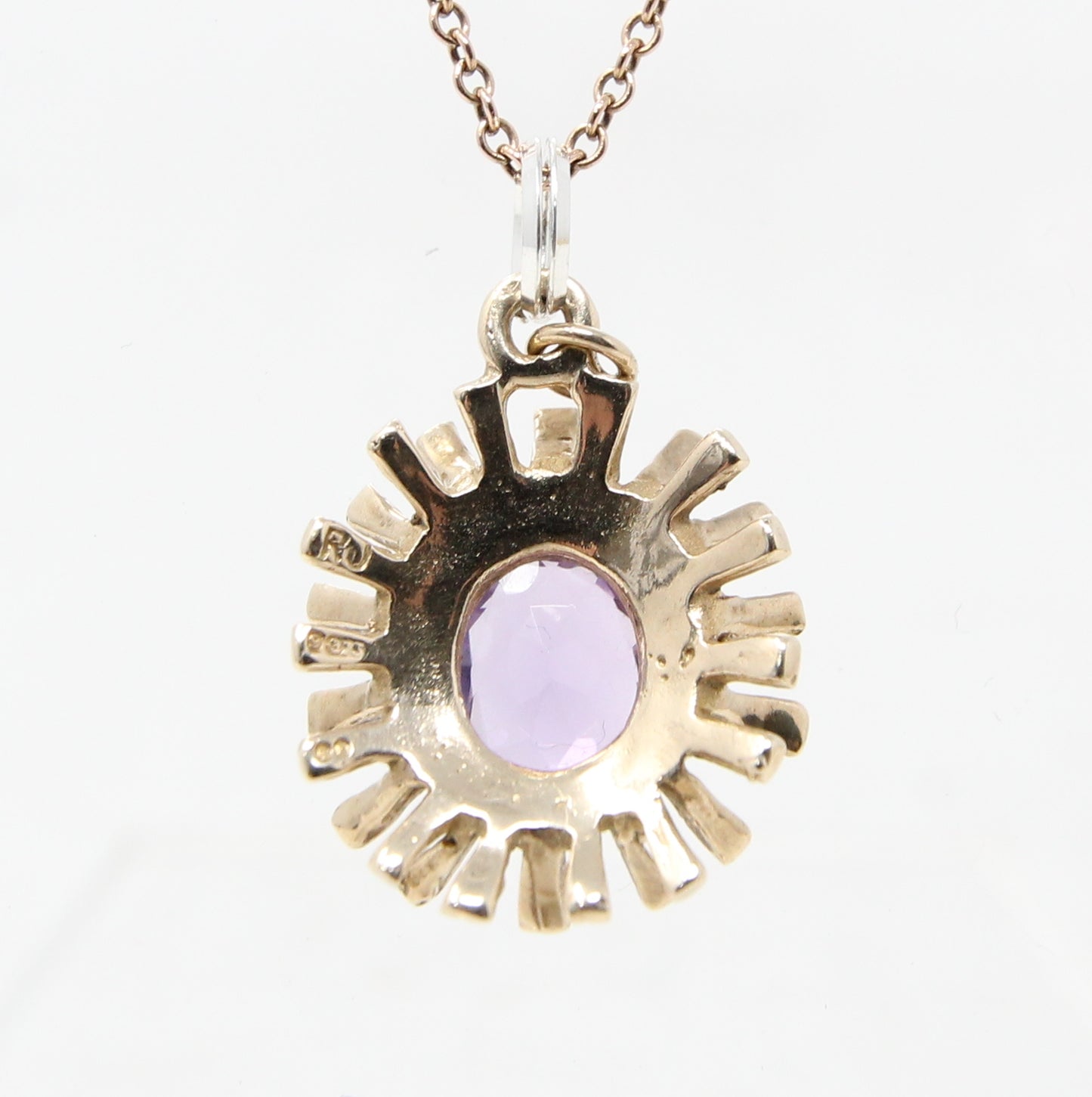 Vintage 1971 English Hallmarked Solid 9ct Gold Amethyst Sun Burst Pendant