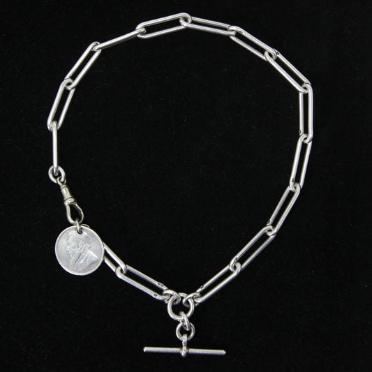 Antique Hallmarked Solid Sterling Silver Trombone Albert Chain Necklace Coin Fob 15'' 52g