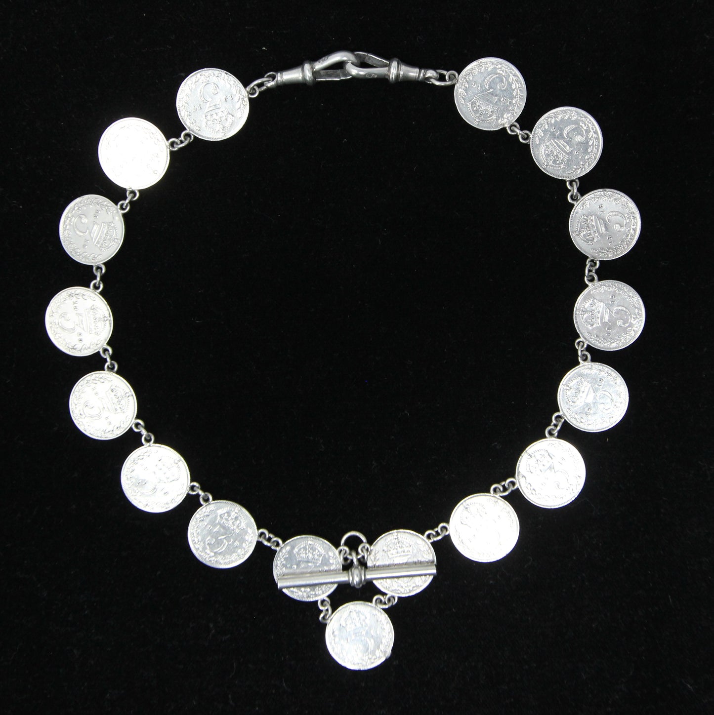 Antique Hallmarked Solid Silver Threepenny Coin Double Albert Watch Chain Necklace 33g