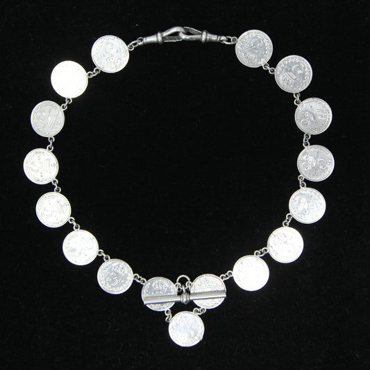 Antique Hallmarked Solid Silver Threepenny Coin Double Albert Watch Chain Necklace 33g