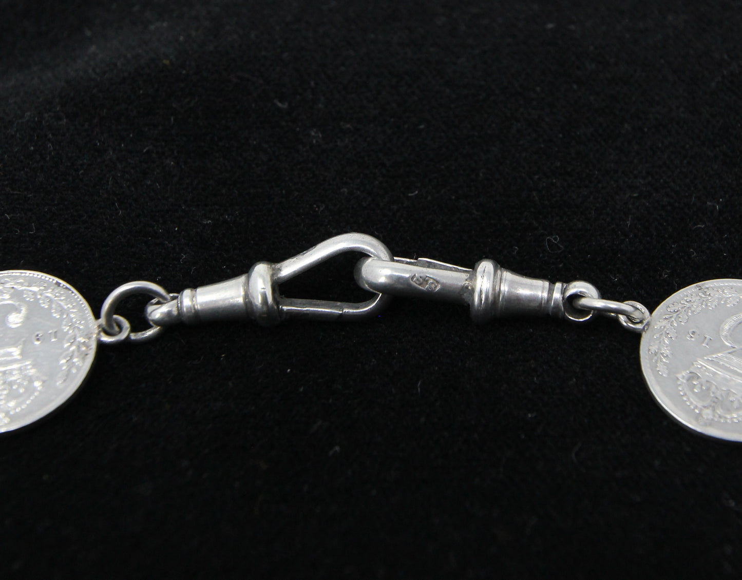 Antique Hallmarked Solid Silver Threepenny Coin Double Albert Watch Chain Necklace 33g