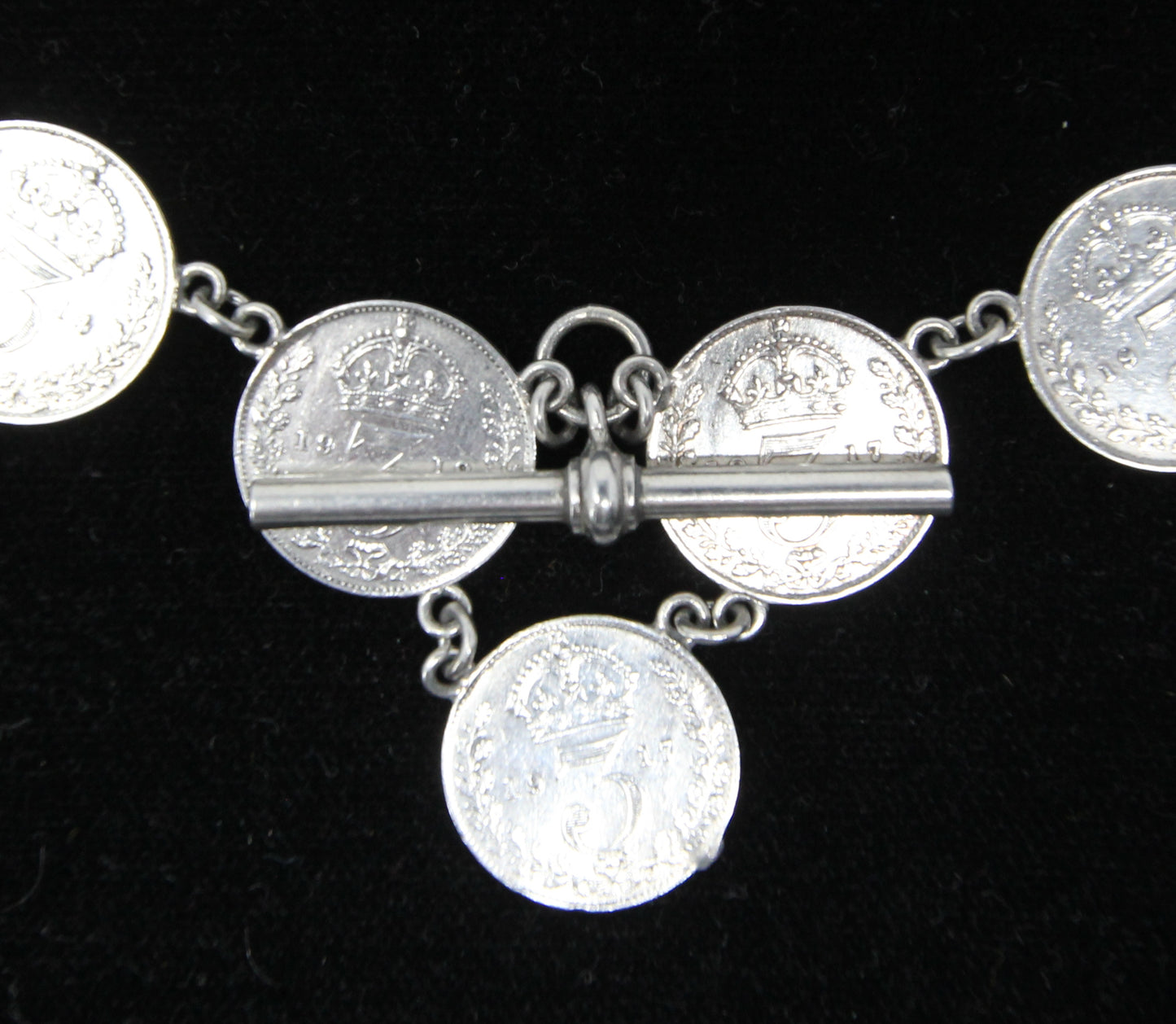 Antique Hallmarked Solid Silver Threepenny Coin Double Albert Watch Chain Necklace 33g