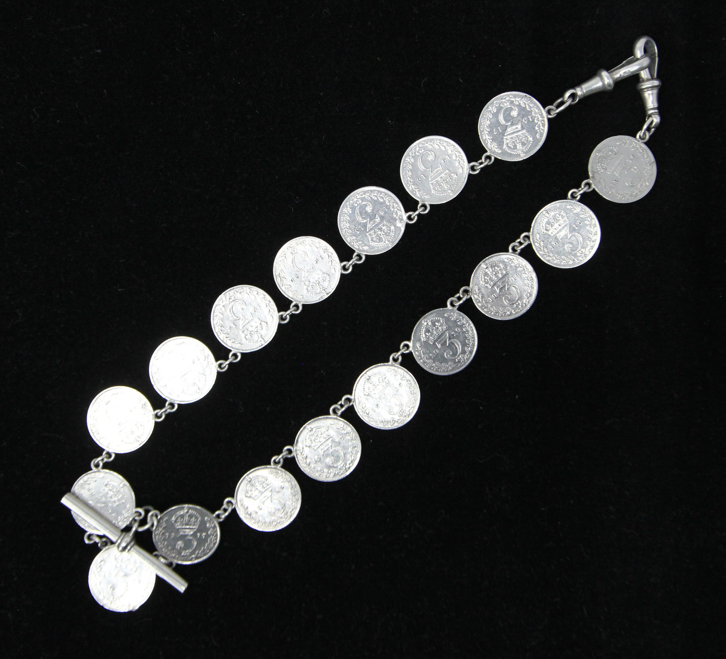 Antique Hallmarked Solid Silver Threepenny Coin Double Albert Watch Chain Necklace 33g