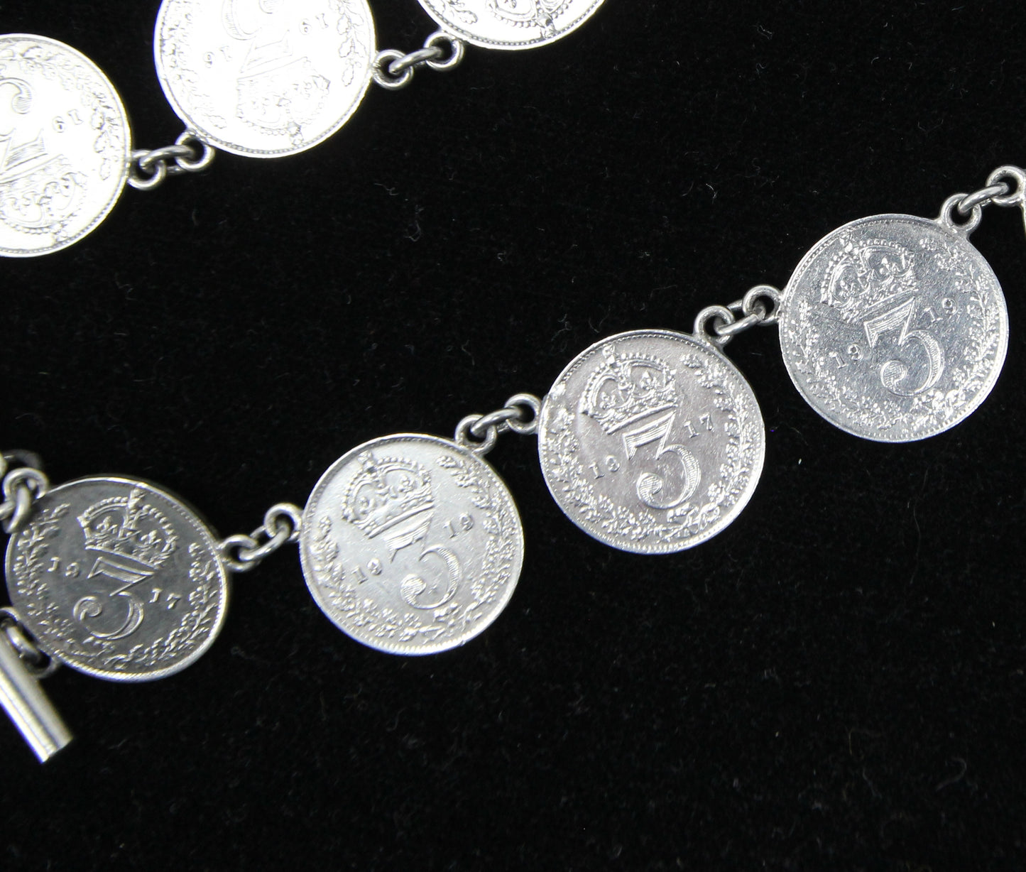 Antique Hallmarked Solid Silver Threepenny Coin Double Albert Watch Chain Necklace 33g