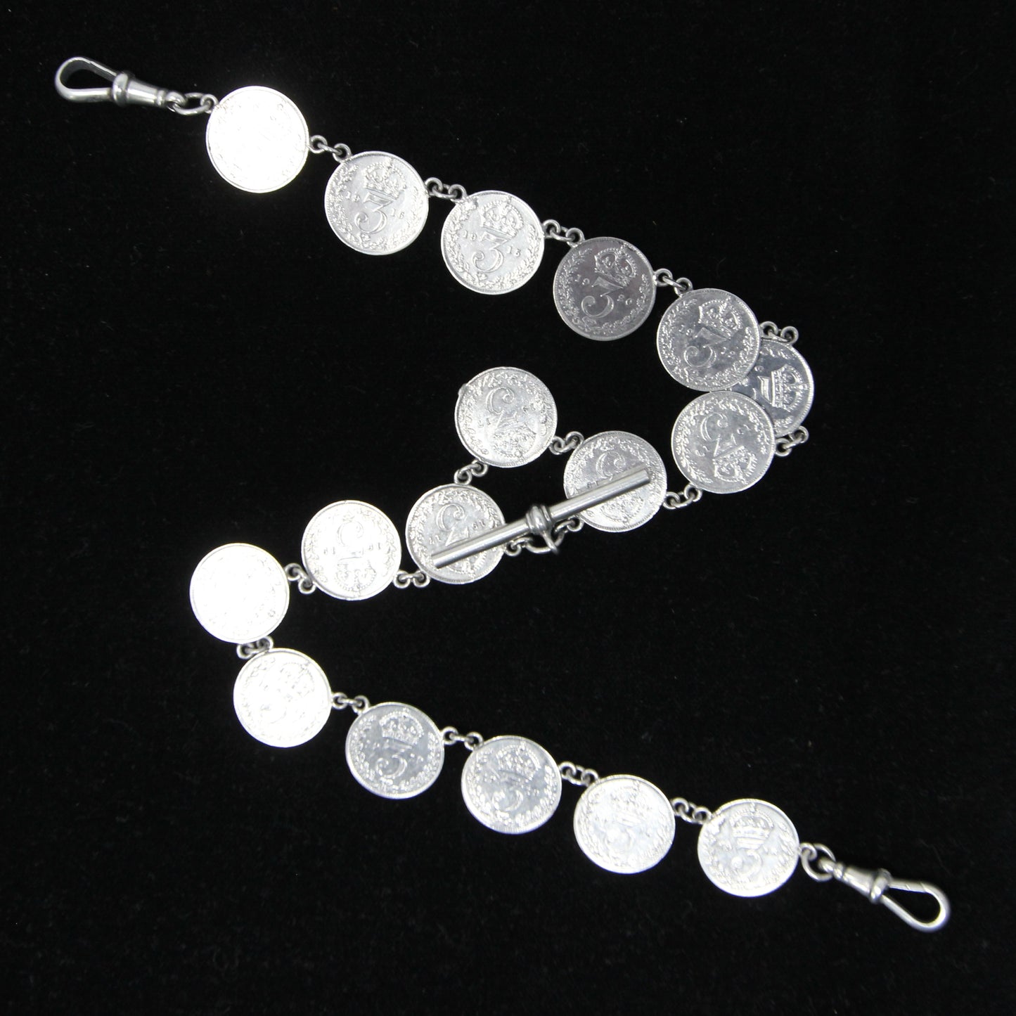 Antique Hallmarked Solid Silver Threepenny Coin Double Albert Watch Chain Necklace 33g