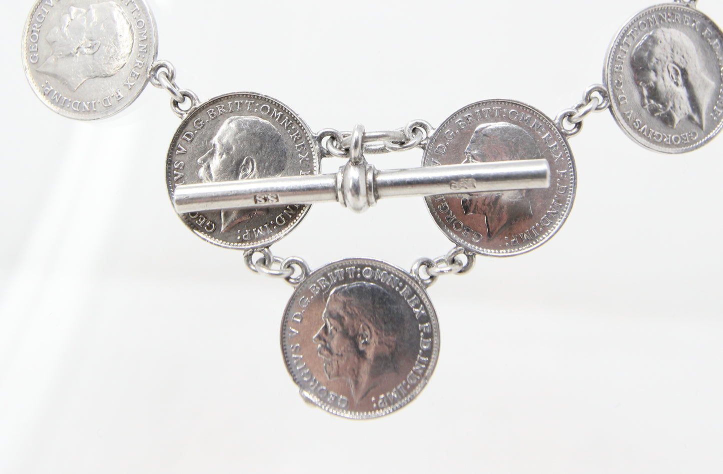 Antique Hallmarked Solid Silver Threepenny Coin Double Albert Watch Chain Necklace 33g