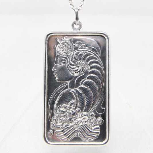 Vintage Pamp Suisse Solid 999 Fine Silver Lady Fortuna Ingot with Sterling Pendant