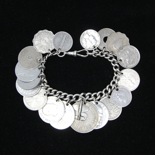 Antique Hallmarked Solid Sterling Silver RAF 1940's WW2 Coin Sweetheart Charm Bracelet 86g