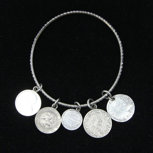 Antique Victorian Solid Sterling Silver Etruscan Coin Charm Bangle Bracelet
