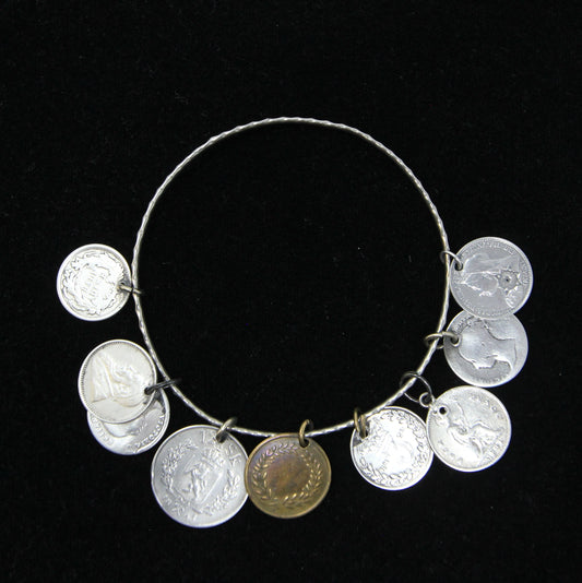 Antique Victorian Solid Sterling Silver Childs Etruscan Coin Charm Bangle Bracelet