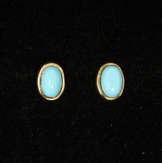 Vintage Hallmarked Solid 9ct 9k Gold Oval Turquoise Stud Earrings