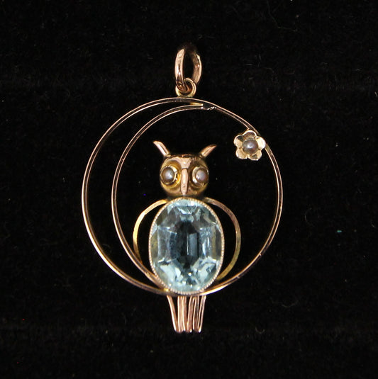 Antique Edwardian English Hallmarked Solid 9ct Gold Topaz Seed Pearl Owl Moon Star Pendant