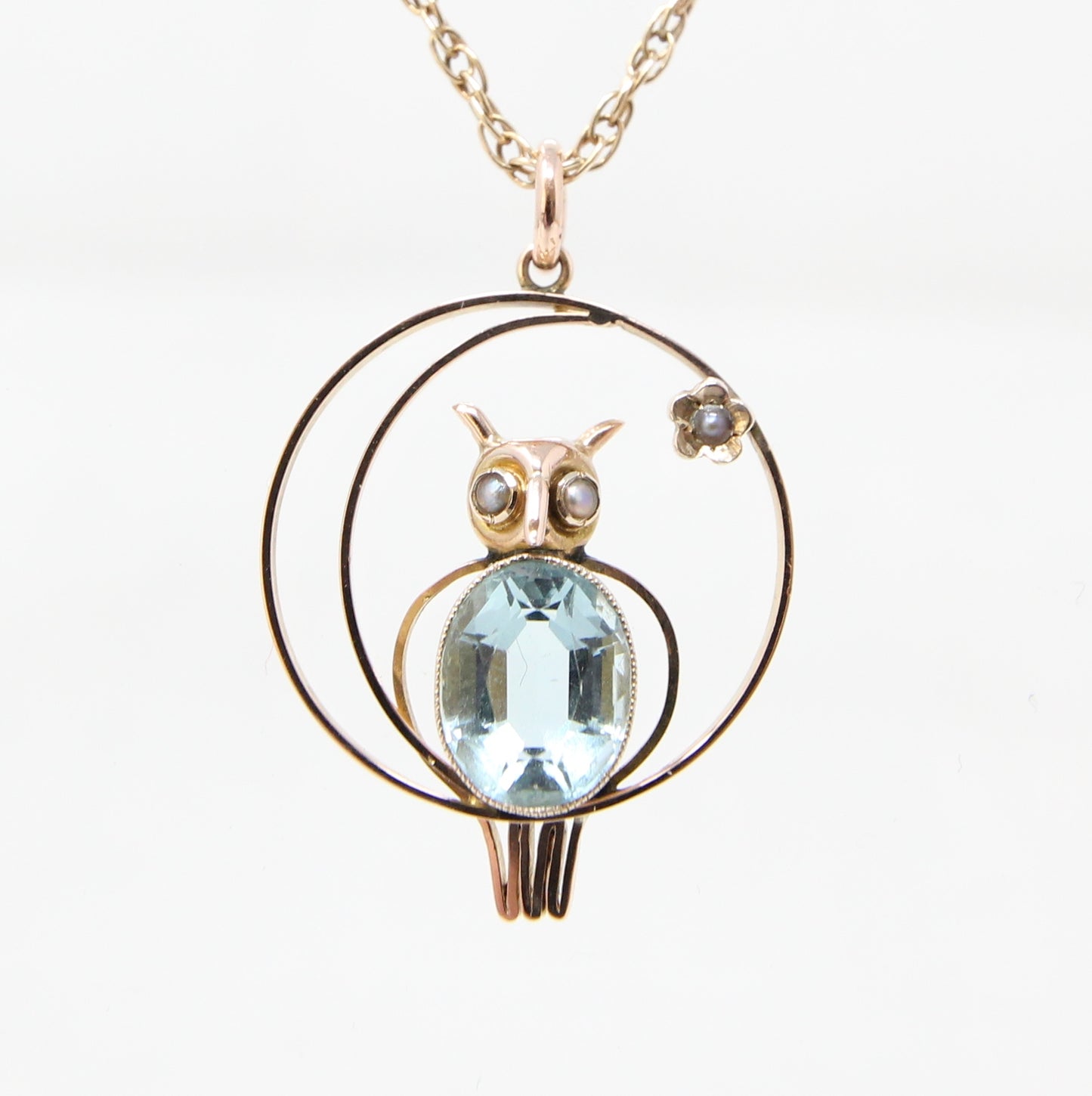 Antique Edwardian English Hallmarked Solid 9ct Gold Topaz Seed Pearl Owl Moon Star Pendant