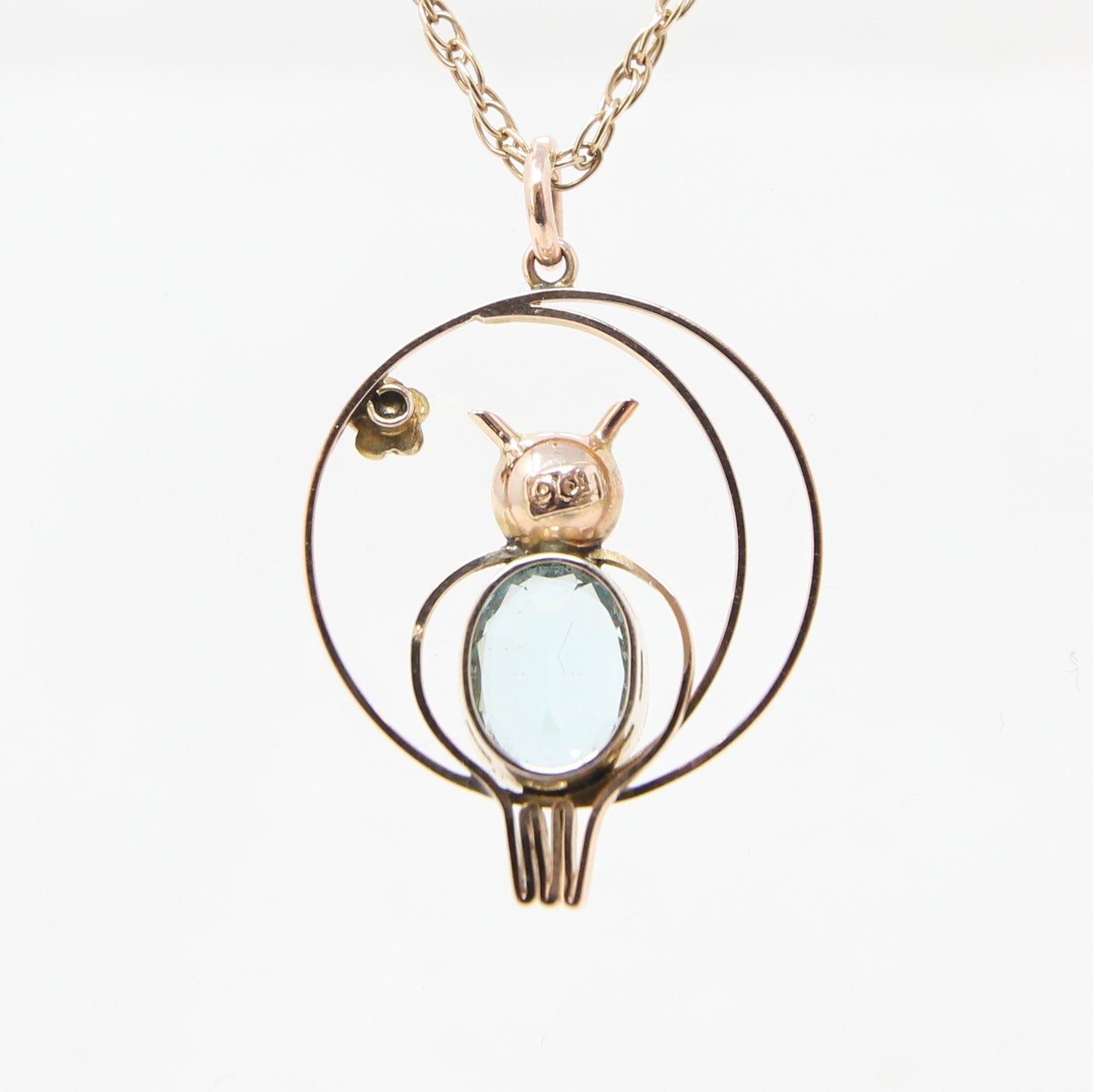 Antique Edwardian English Hallmarked Solid 9ct Gold Topaz Seed Pearl Owl Moon Star Pendant