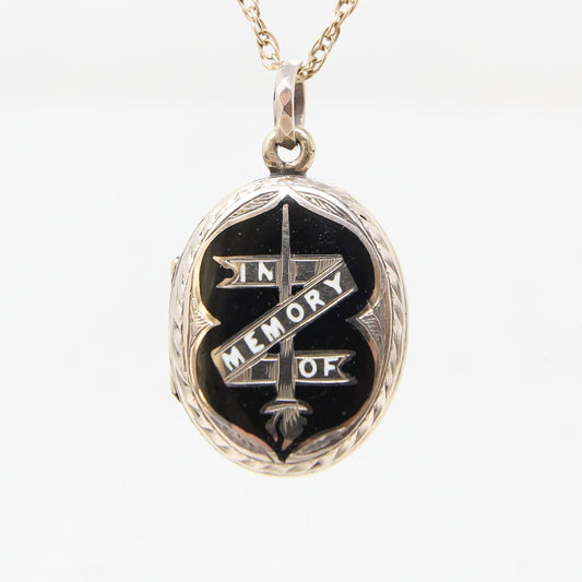 Antique Victorian Solid 9ct Gold Black White Enamel Mourning Locket Pendant