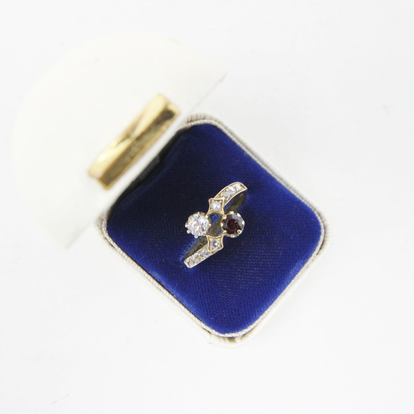 Antique Victorian Solid 15ct 15k Gold Old Cut Diamond Garnet Toi et Moi Ring Size N