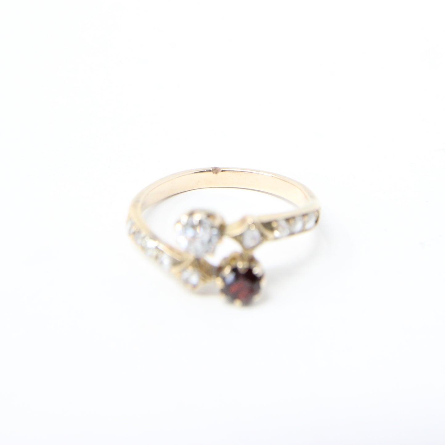 Antique Victorian Solid 15ct 15k Gold Old Cut Diamond Garnet Toi et Moi Ring Size N
