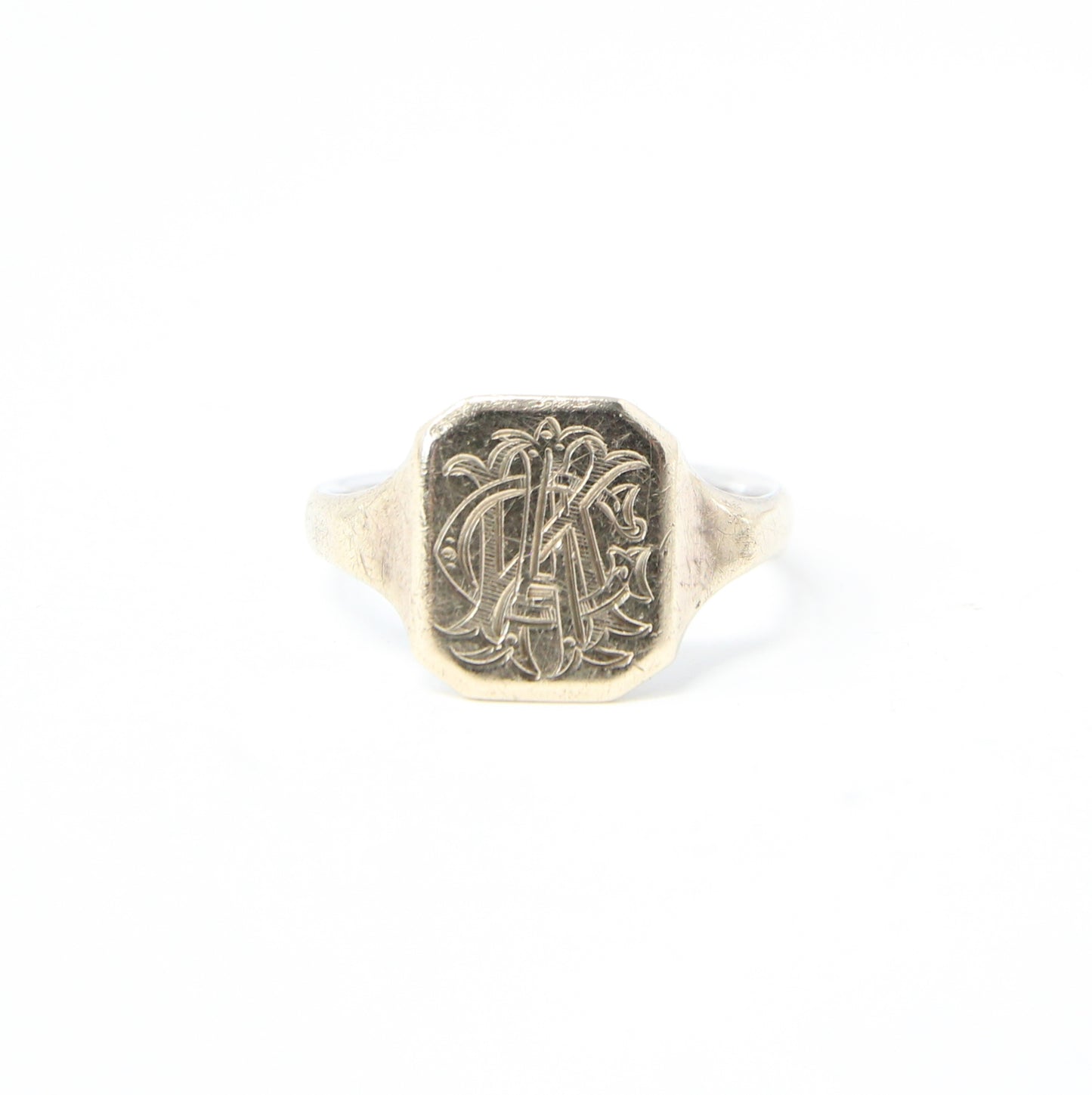 Antique Victorian Solid 9ct 9k Gold Silver Lined Monogram Signet Ring Size T