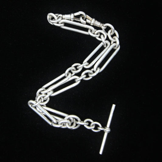 Antique 1921 Hallmarked Solid Sterling Silver Trombone Double Albert Chain Necklace 14.25'' 58g