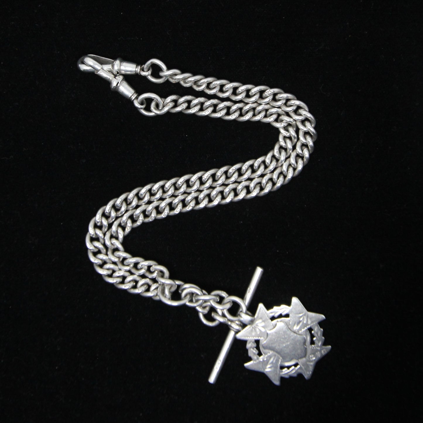 Antique 1889 Hallmarked Solid Sterling Silver Double Albert Curb Chain Star Fob 14.25'' 46g