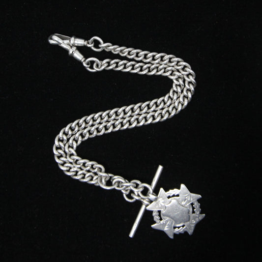 Antique 1889 Hallmarked Solid Sterling Silver Double Albert Curb Chain Star Fob 14.25'' 46g